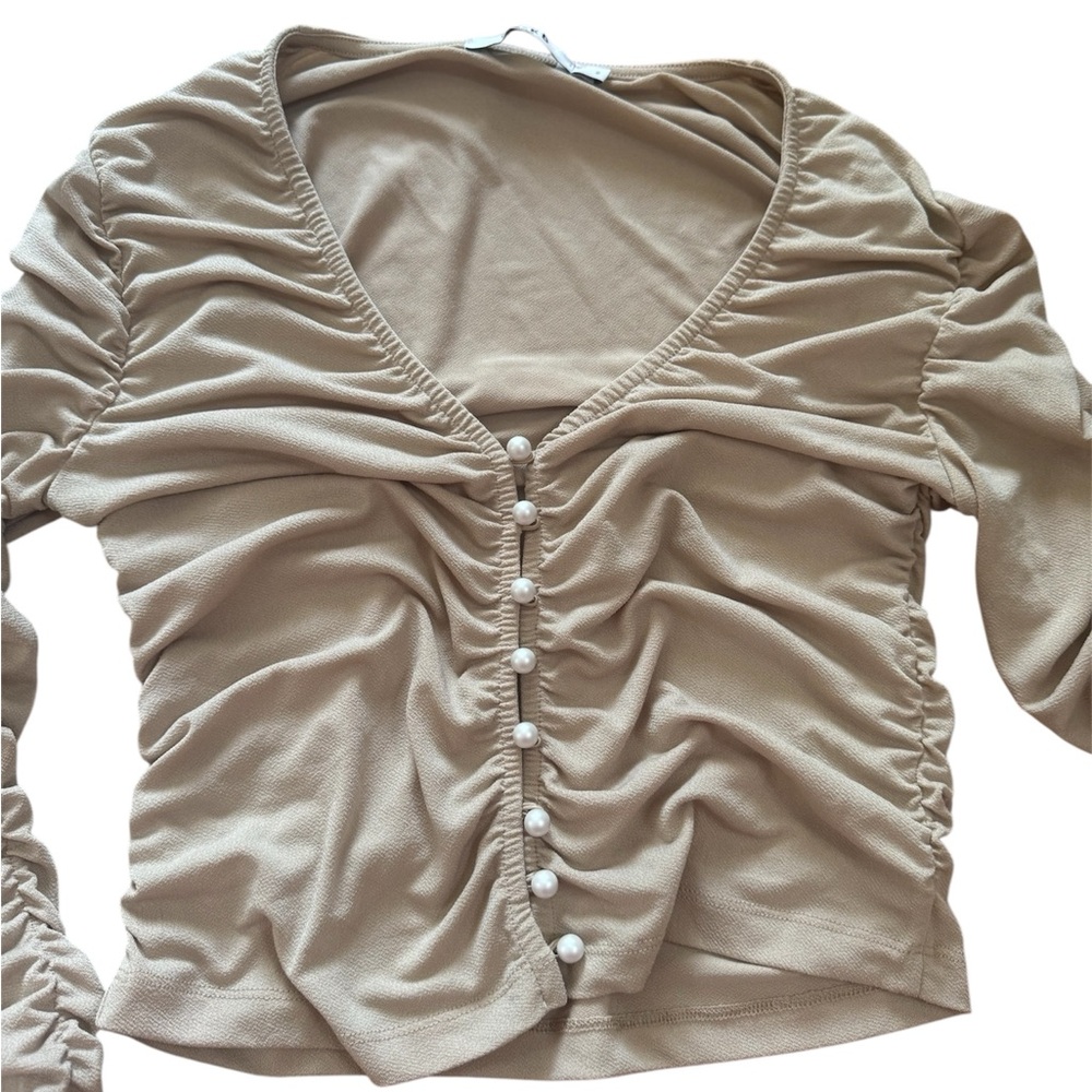 Elegant Tan Ruched Going-Out Top – Size Small